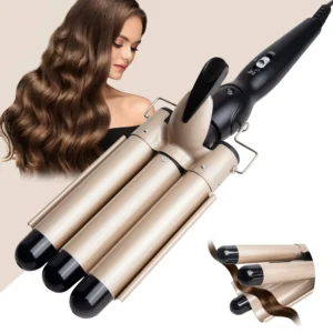 Gold three barrel curling iron for creating soft, shiny waves and curls on all hair types, featuring dual voltage and adjustable temperature settings.