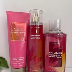 Bath & Body Works Bahamas Passionfruit Banana Flower set for all skin types, including shower gel, cream, and fine fragrance mist.
