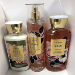 This is a Bath and Body Works Rose scented set containing shower gel, body lotion, and fine fragrance mist with airy rose water, jasmine petals, and creamy musk notes.