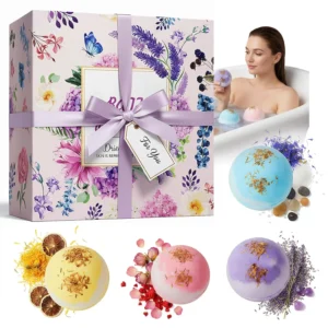 This bath bomb gift set contains four natural bath bombs with shea butter and essential oils, perfect for moisturizing dry skin and creating a relaxing spa experience at home.