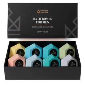 Eight large, diamond-shaped bath bombs for men, designed with masculine scents using essential oils to create a relaxing and aromatic aromatherapy experience.