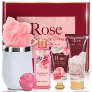 This luxurious rose-scented spa gift set for women includes body lotion, shower gel, a tumbler, and other pampering essentials for a relaxing at-home spa experience.
