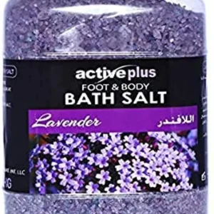 A 3 kg container of Active Plus purple Himalayan bath salts with lavender flavor, suitable for all skin types and tones.