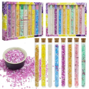 This aromatherapy bath salts set for women includes eight tubes of soaking salts for stress relief, muscle pain relief and skin softening, presented in a beautiful gift box.