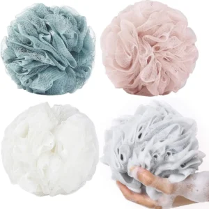 This image shows a four-pack of large, colorful SHOWAY bath shower sponge loofahs designed for exfoliating, cleansing, and soothing skin in the shower, each weighing 60g and featuring eco-friendly mesh and a long handle for easy hanging.