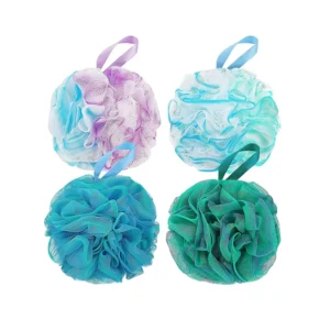 This set includes four colorful bath shower sponges designed with strong knotting for durability, creating a rich lather and gently exfoliating the skin.