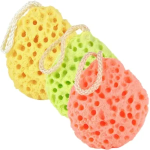 This three-pack of soft body bath sponges includes yellow, green, and orange natural fiber shower loofahs with a unique honeycomb texture for gentle exfoliating and cleansing.