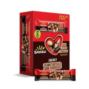 Bayara peanut butter and dark chocolate energy bars, a pack of 12, made with almonds, 7g of protein, high fiber and no artificial additives.