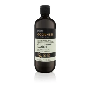 A bottle of Baylis & Harding Goodness body wash featuring a luxurious fragrance fusion of Oud, Cedar and Amber, providing a refreshing and nourishing cleanse suitable for vegans.