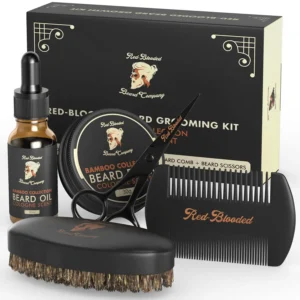 This complete beard grooming kit for men includes cologne scented beard oil and balm with jojoba and macadamia oil, a beard brush, comb, and scissors for trimming and shaping your facial hair.