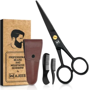 This premium quality handmade beard scissors grooming set for men includes mustache and beard combs with a leather pouch, perfect for precise facial hair trimming, eyebrows, and ear hair.