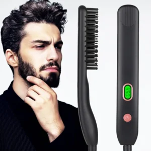 This is a hot beard straightening brush for men with adjustable temperature and anti-scald design, perfect for quick and easy styling at home or while traveling.