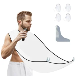 Mess-free beard trimming with this grooming kit featuring a catcher apron, shaping tool, and suction pads for easy cleanup.
