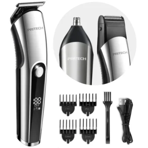 This silver PRITECH 3 in 1 beard trimmer kit for men includes a beard trimmer, nose hair trimmer, micro shaver, and guide combs for all your grooming needs.