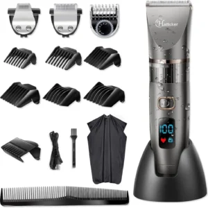 This men's grooming kit includes a beard trimmer, hair clipper, detail trimmer, and guide combs for achieving various hairstyles and lengths.