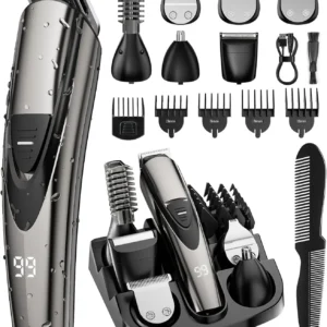 This 12-in-1 cordless grooming kit includes a beard trimmer, hair clippers, and multiple attachments for precise trimming of facial hair, nose hair, and intimate areas, along with guide combs for achieving various hair styles and lengths.