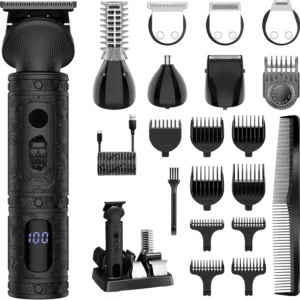 This 7 in 1 mens beard grooming kit includes a T-blade trimmer, hair clipper, precision trimmer, micro shaver, nose trimmer, beard trimmer, and body trimmer for all your trimming needs.