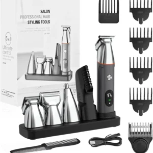This all-in-one Telfun beard trimmer kit for men includes multiple heads and comb lengths for grooming hair, beard, body, nose, and ears.
