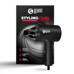 The Beardo Styling Gun hair dryer features adjustable heat and speed settings, a foldable design, and overheat protection, making it perfect for men's styling on the go.