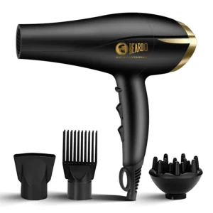 Beardo Tornado professional hair dryer featuring concentrator, diffuser, comb attachments, two speed and three temperature settings for versatile hair styling.