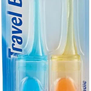 Two Beauty Formulas Active Oral Care travel toothbrushes with assorted colors, designed with round-ended filaments for gentle cleaning and a comfortable handle.