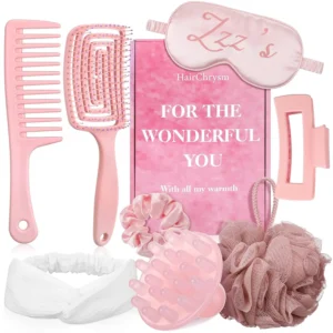 This 8-piece self-care beauty set for women includes hair and body care accessories like a comb, scrunchy, claw clip, headband, bath sponge, and scalp massager, making it a thoughtful gift.