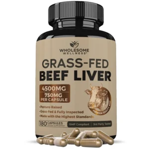 Wholesome Wellness grass-fed beef liver capsules provide natural energy, sourced from humanely pasture-raised New Zealand cattle without hormones or chemicals, 180 pills per package.