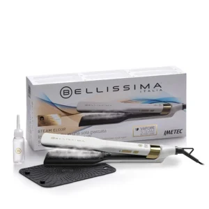 The Bellissima Steam Hair Straightener uses steam technology, argan oil infused ceramic plates, and adjustable temperature settings to straighten hair smoothly and without damage.