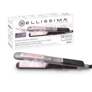 The Bellissima steam hair straightener features ceramic plates infused with argan oil for smooth, hydrated, and frizz-free hair.