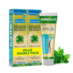 Two tubes of Bentodent premium mint toothpaste, a gentle and safe natural teeth whitening option free from fluoride, SLS, and artificial additives.