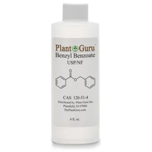 A bottle of Plant Guru Benzyl Benzoate liquid, used in cosmetics, fragrance enhancement, and hair and scalp treatments.