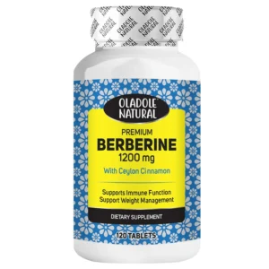 Oladole Natural Berberine supplement with Ceylon Cinnamon supports healthy glucose levels, weight management, and immune function in easy-to-swallow tablets.