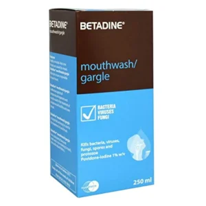 A bottle of Betadine Antiseptic Gargle Mouthwash, 250ml, formulated with care for oral hygiene.