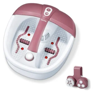 White Beurer FB 35 foot bath massager featuring vibration, bubble massage, water tempering, aroma filter and removable roller attachments for foot reflex zone massage.