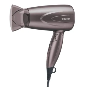 The Beurer HC17 compact hair dryer with a foldable handle and professional nozzle provides 1300 Watts of power, two heat settings, and overheating protection for safe and easy styling on the go.
