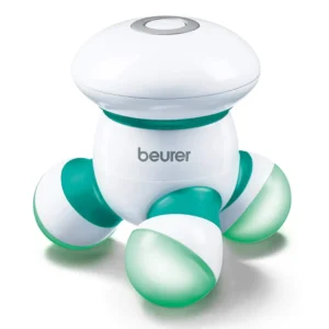 Green Beurer MG 16 mini massager providing vibration massage for back stress relief and relaxation, showcasing its safe and portable design.