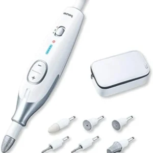 The Beurer MP42 manicure and pedicure set includes seven attachments for cutting, filing, shaping, polishing nails and removing calluses, ideal for professional at-home nail care.