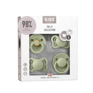 This pack of four sage-colored Bibs baby pacifiers, size 1, features a soft, flexible, natural rubber and food-grade silicone nipple, designed for mouth skin sensitivity in babies up to 6 months old.