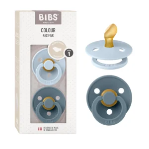 Two BIBS Colour pacifiers in baby blue and petrol, featuring an anatomical teat made from natural rubber latex, a ventilated shield, and a stylish Danish design.
