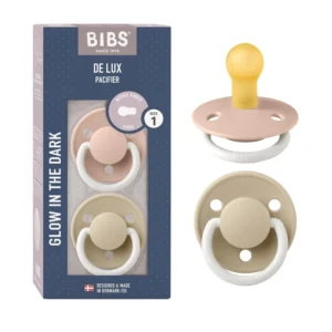 BIBS De Lux soothers in blush night and vanilla night, made of natural rubber latex, designed and manufactured in Denmark for babies aged 0-6 months.