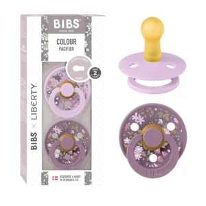 A 2-pack of Bibs BIBS x Liberty pacifiers in Camomile Lawn and Violet Sky Mix, size 2, featuring a food-grade PP shield and natural rubber latex nipples.
