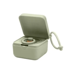 The BIBS sage pacifier box with strap is a sterilizer case and soother holder made from 100% BPA-free food-grade material, designed to hold up to three pacifiers and microwave sterilize silicone pacifiers.