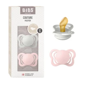 Two BIBS Couture natural latex pacifiers in haze and blossom colors, size 1 for babies 0-6 months, designed with an anatomically shaped nipple for optimal jaw development and made without BPA, PVC, or phthalates.
