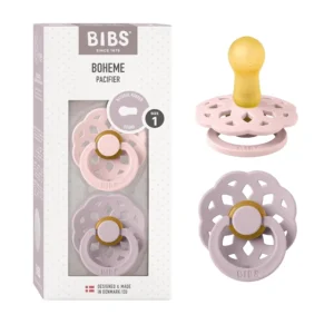 This Bibs pacifier features a round, natural rubber latex nipple designed for babies 6-18 months, promoting natural sucking and oral development.
