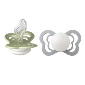Two Bibs Couture pacifiers in sage and cloud colors, size 2, made of soft silicone, designed for toddlers 6 months and older, and manufactured in Denmark.