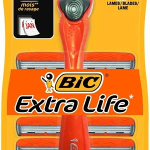 This BIC 3 Hybrid Extra Life men's razor set includes one deeply ridged handle and twelve triple-blade replacement cartridges with lubricating strip enriched with Aloe Vera and Vitamin E.