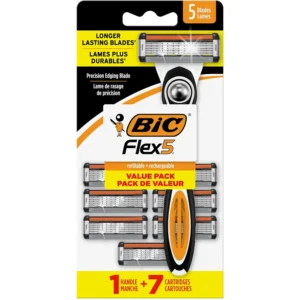 This BIC Flex 5 razor set for men includes one handle and seven 5-blade titanium-coated cartridges with aloe and vitamin E lubricating strip for a smooth, comfortable shave.