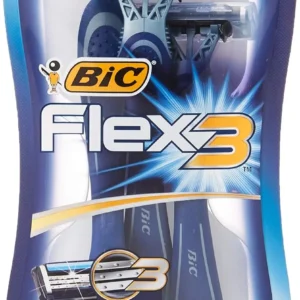 Three Bic Flex3 Comfort disposable razors for men featuring flexible blades, lubricating strip with Aloe Vera and Vitamin E, and ergonomic anti-slip handle.