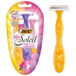 This pack contains four Bic Miss Soleil women's razors with light pink, dark pink, yellow, and purple flower-designed handles, triple blades, and lubricating strips for a smooth shave.