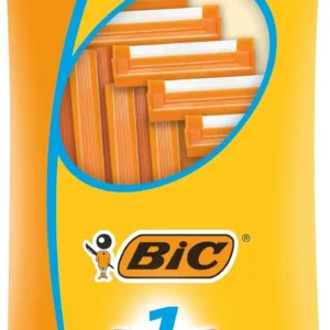A pack of 20 BIC 1 Sensitive disposable razors for men, featuring a single stainless steel blade and a classic orange grooved handle for a comfortable, clean shave, perfect for travel.